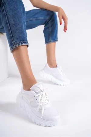 Women's White Lace-Up Mesh Casual Sneaker Sports Shoes